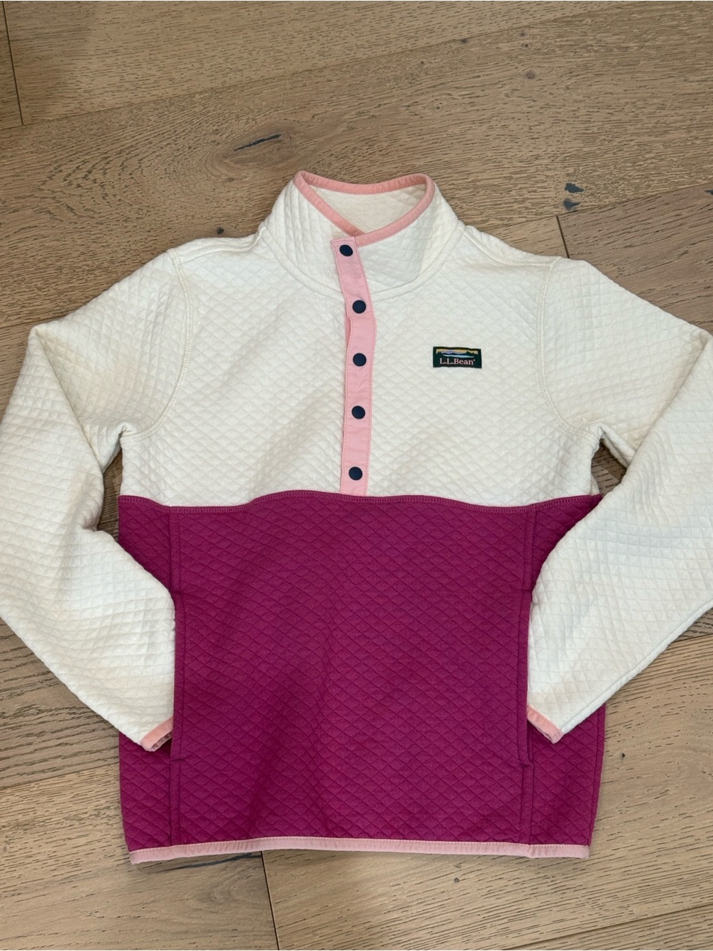 L.L. Bean Quilted White and Magenta Snap Pullover